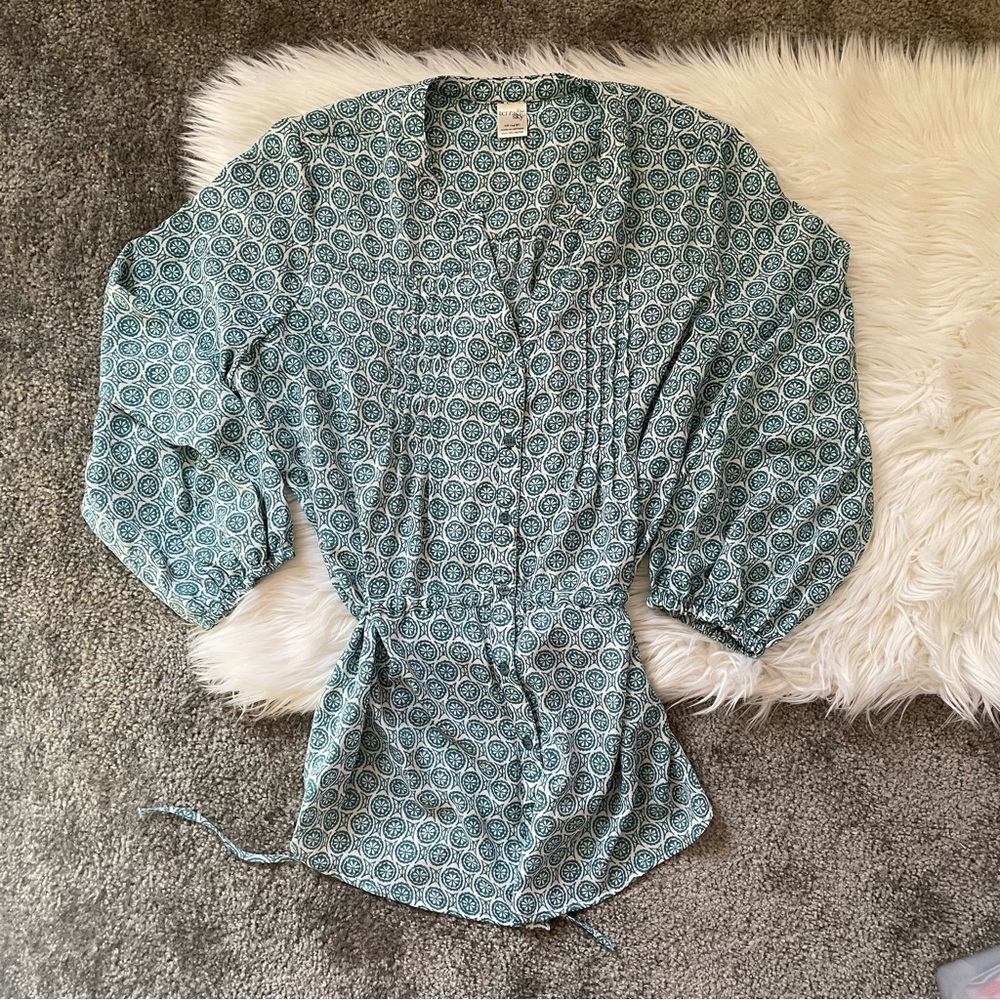 Terra & Sky Blue Patterned V-Neck Buttoned Tie-Waist Blouse